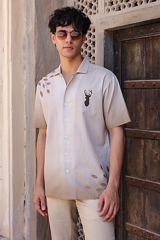 Ivory Linen & Tencel Embroidered Shirt by Raw & Rustic by Niti Bothra Men