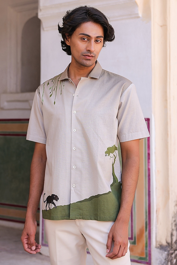 Ivory Linen & Tencel Embroidered Summer Shirt by Raw & Rustic by Niti Bothra Men at Pernia's Pop Up Shop