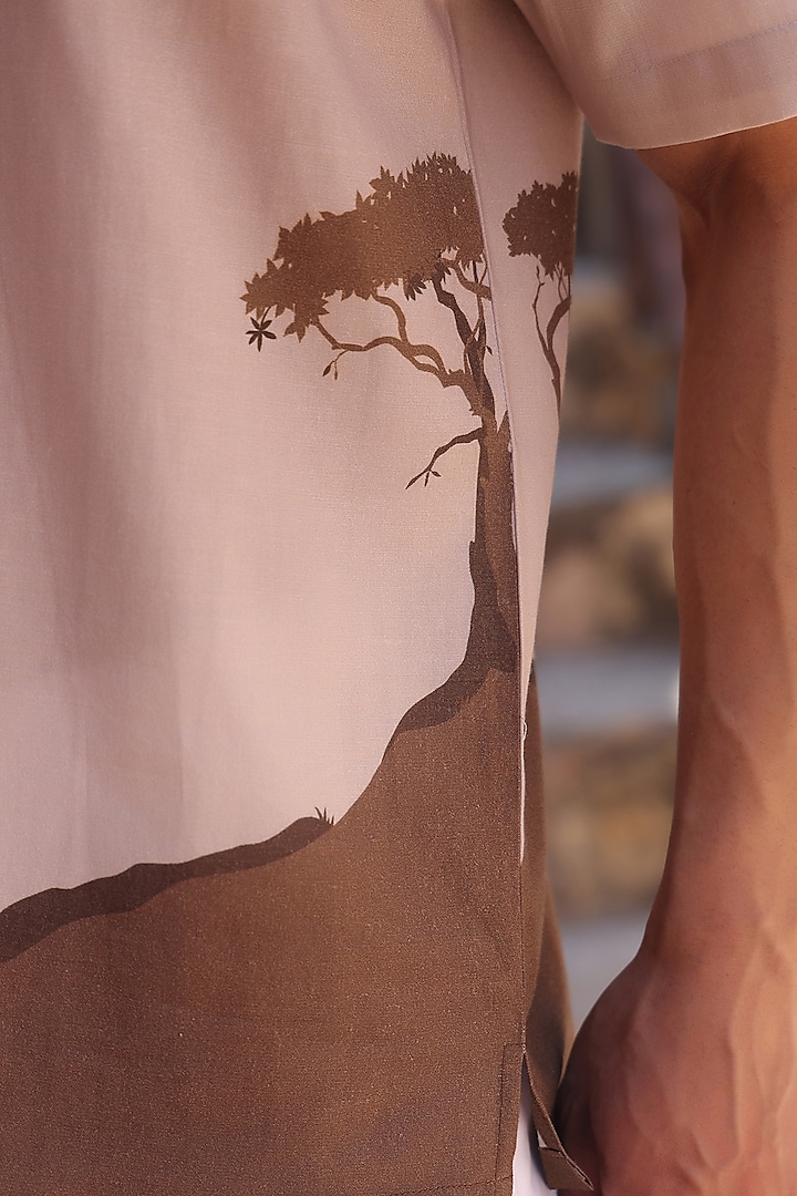 Light Brown Linen & Tencel Embroidered Summer Shirt by Raw & Rustic by Niti Bothra Men at Pernia's Pop Up Shop