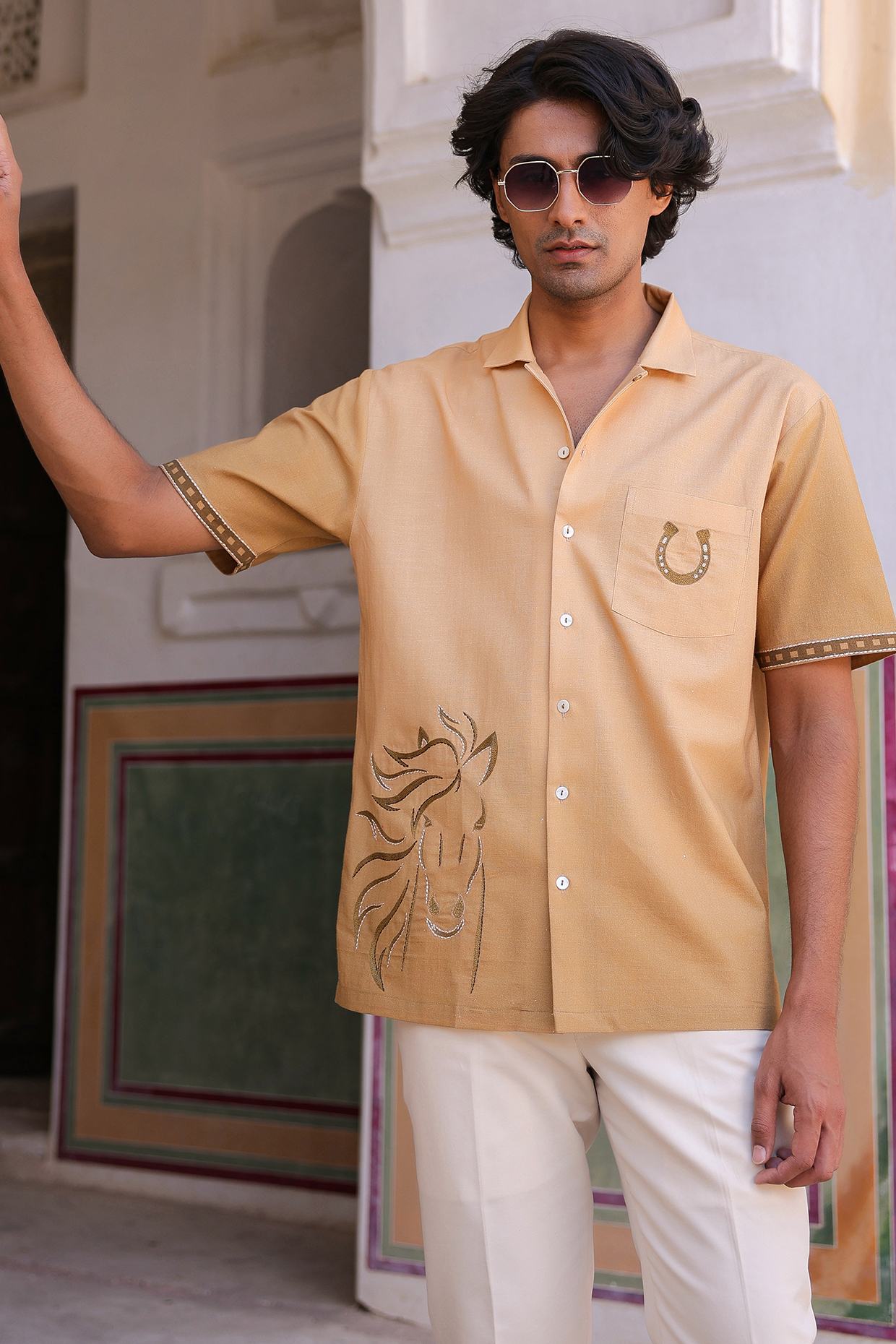 Mustard Linen & Tencel Embroidered Shirt by Raw & Rustic by Niti Bothra Men