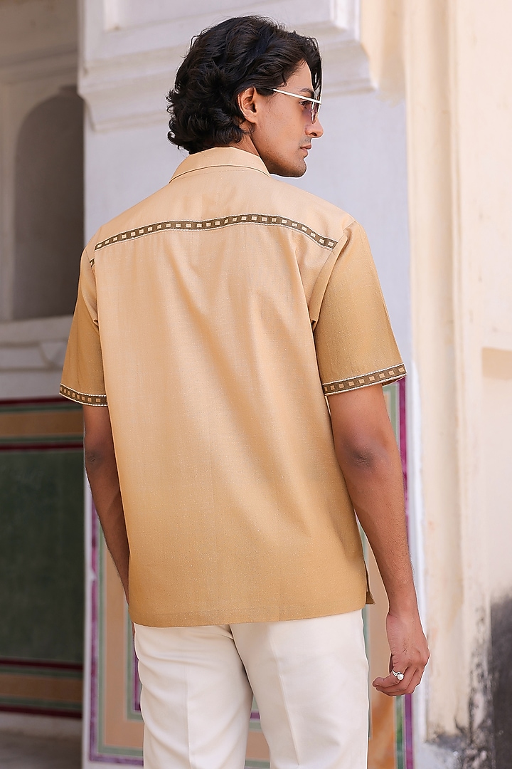 Mustard Linen & Tencel Embroidered Summer Shirt by Raw & Rustic by Niti Bothra Men at Pernia's Pop Up Shop