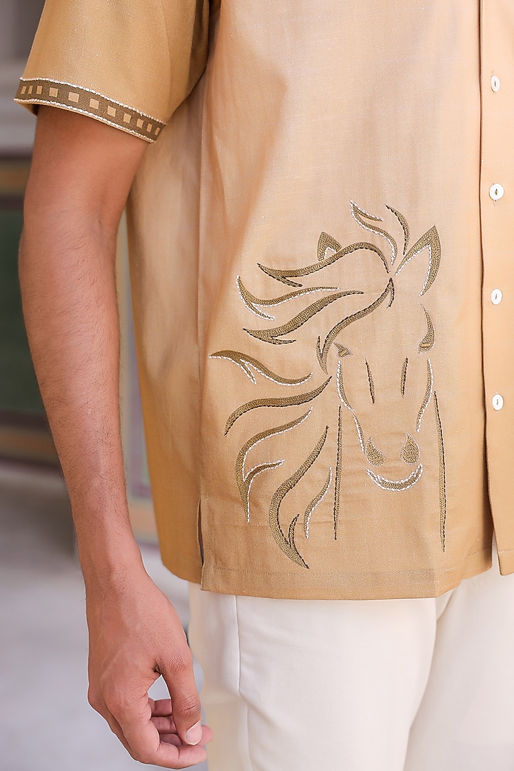 Mustard Linen & Tencel Embroidered Summer Shirt by Raw & Rustic by Niti Bothra Men at Pernia's Pop Up Shop