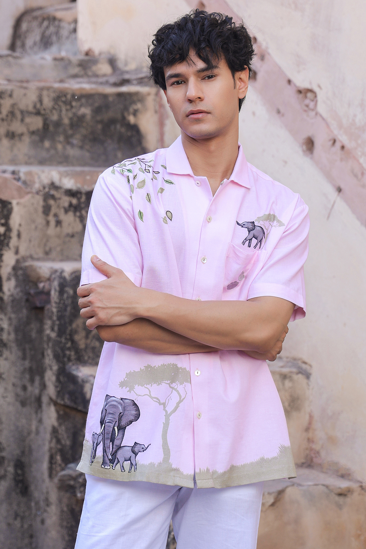 Pink Linen & Tencel Embroidered Shirt by Raw & Rustic by Niti Bothra Men