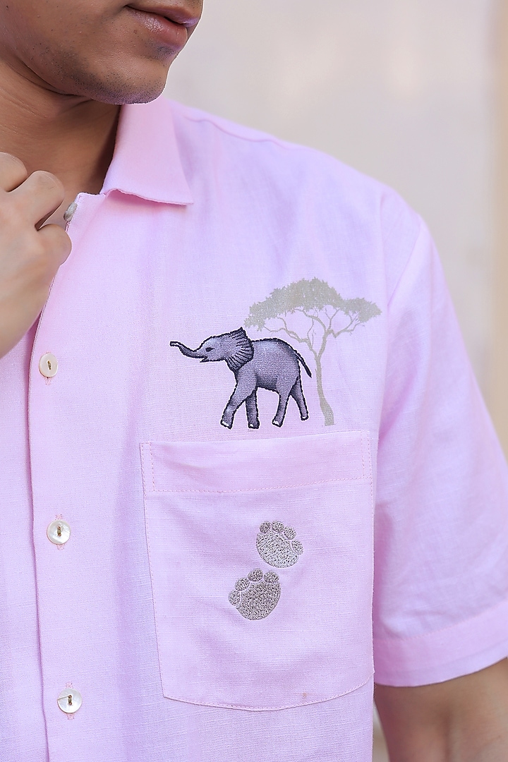 Pink Linen & Tencel Embroidered Summer Shirt by Raw & Rustic by Niti Bothra Men at Pernia's Pop Up Shop