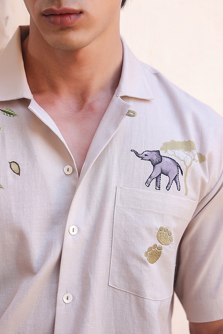 Ivory Linen & Tencel Embroidered Summer Shirt by Raw & Rustic by Niti Bothra Men at Pernia's Pop Up Shop