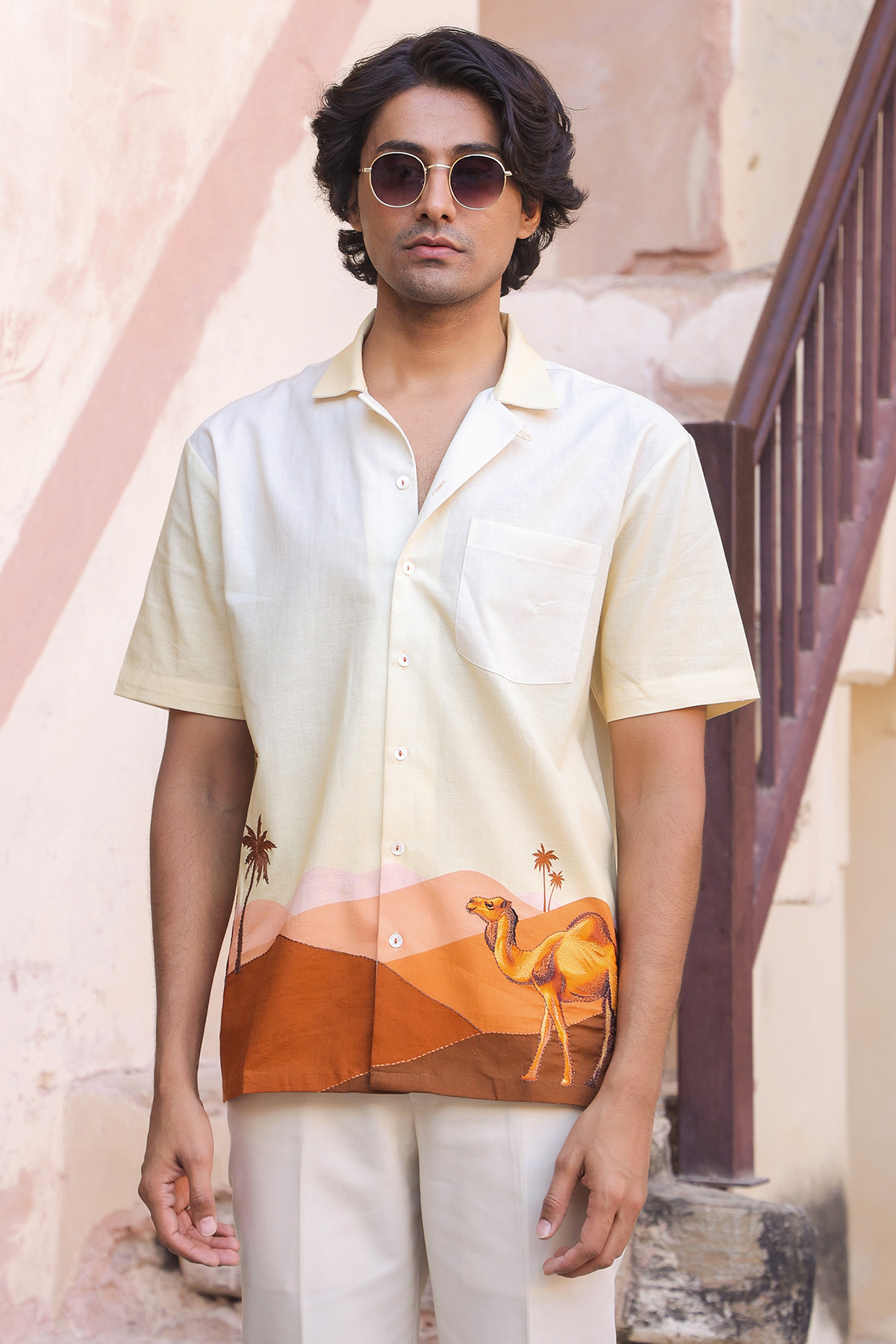 Yellow Linen & Tencel Embroidered Shirt by Raw & Rustic by Niti Bothra Men