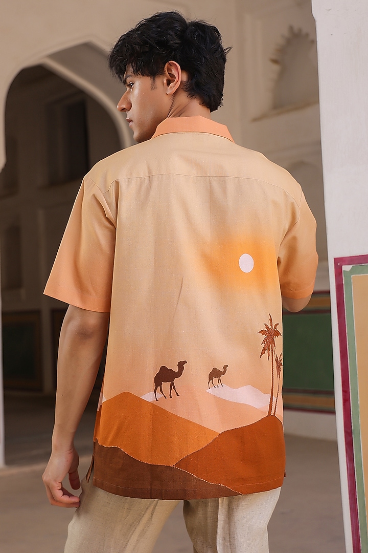 Mustard Linen & Tencel Embroidered Summer Shirt by Raw & Rustic by Niti Bothra Men at Pernia's Pop Up Shop