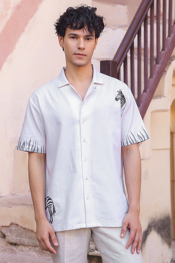 Ivory Linen & Tencel Embroidered Summer Shirt by Raw & Rustic by Niti Bothra Men at Pernia's Pop Up Shop