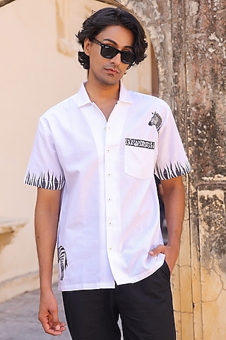 White Linen & Tencel Embroidered Shirt by Raw & Rustic by Niti Bothra Men