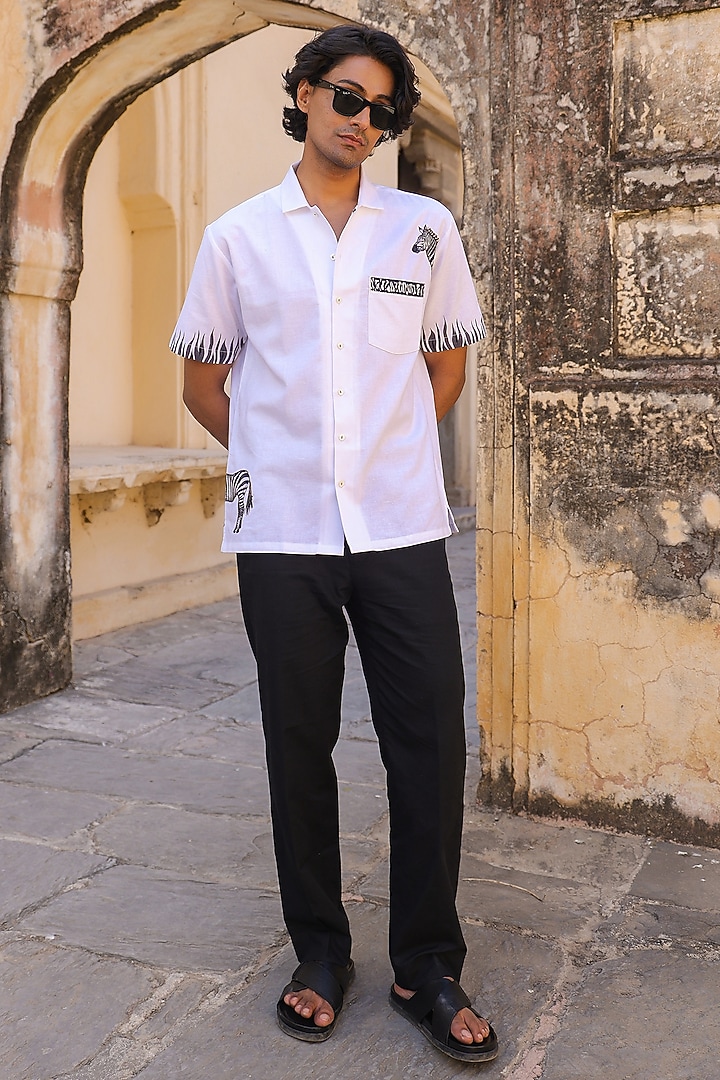 White Linen & Tencel Embroidered Summer Shirt by Raw & Rustic by Niti Bothra Men at Pernia's Pop Up Shop