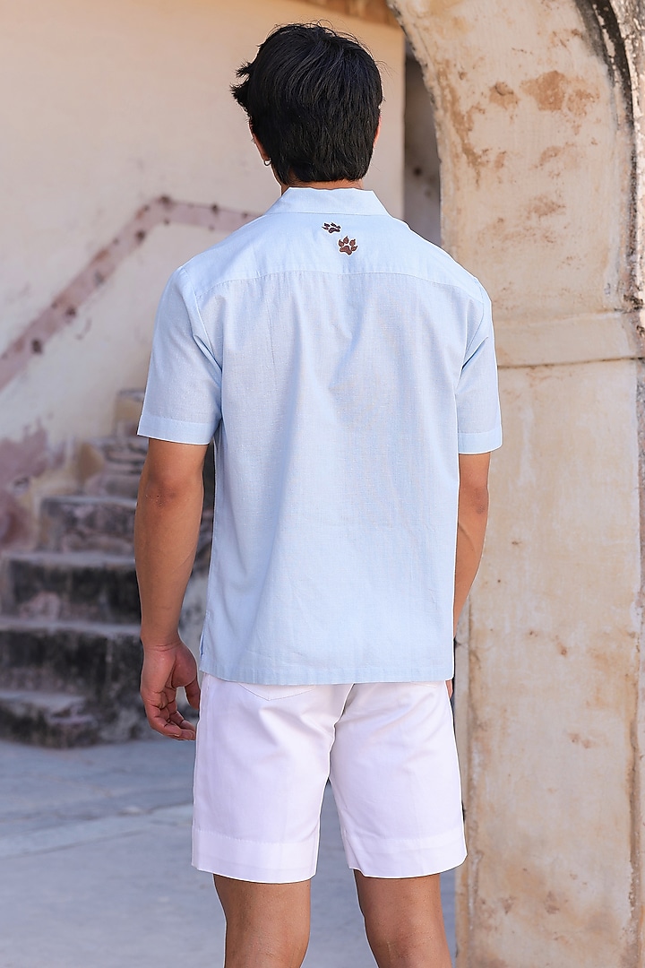 Light Blue Linen & Tencel Embroidered Summer Shirt by Raw & Rustic by Niti Bothra Men at Pernia's Pop Up Shop