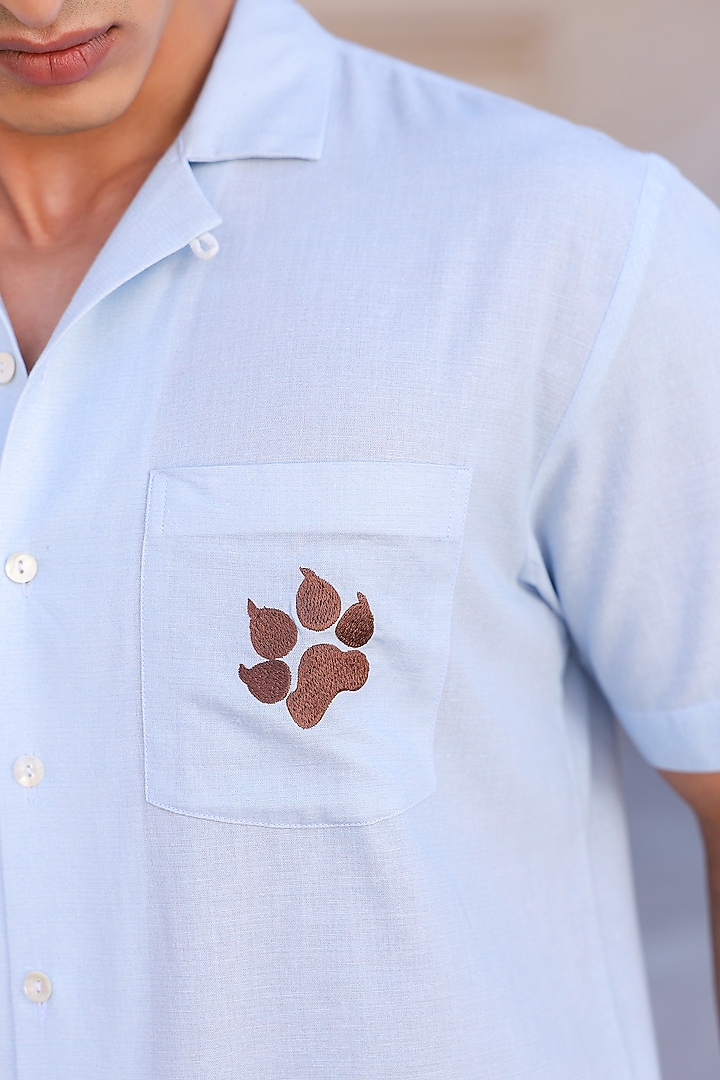 Light Blue Linen & Tencel Embroidered Summer Shirt by Raw & Rustic by Niti Bothra Men at Pernia's Pop Up Shop
