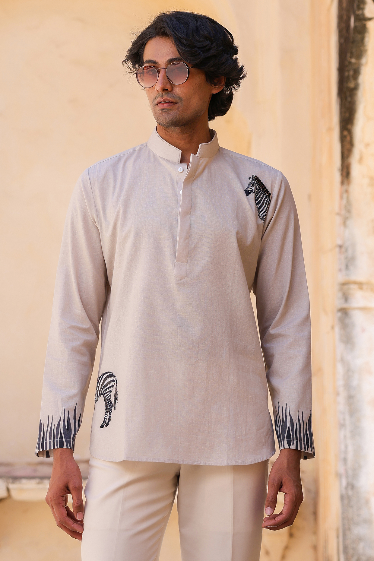 Ivory Linen & Tencel Embroidered Short Kurta  by Raw & Rustic by Niti Bothra Men