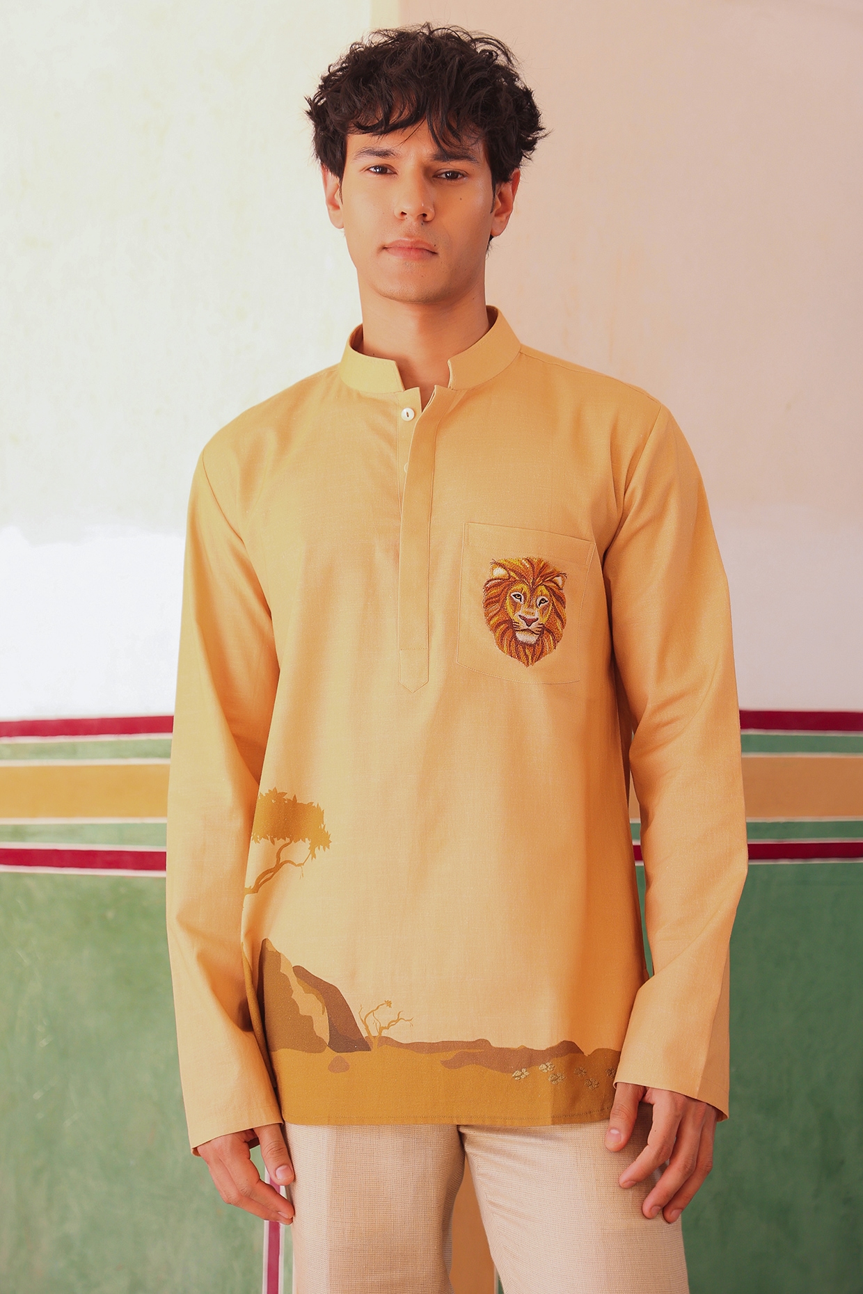 Raw & Rustic by Niti Bothra Mustard Linen & Tencel Embroidered Short Kurta