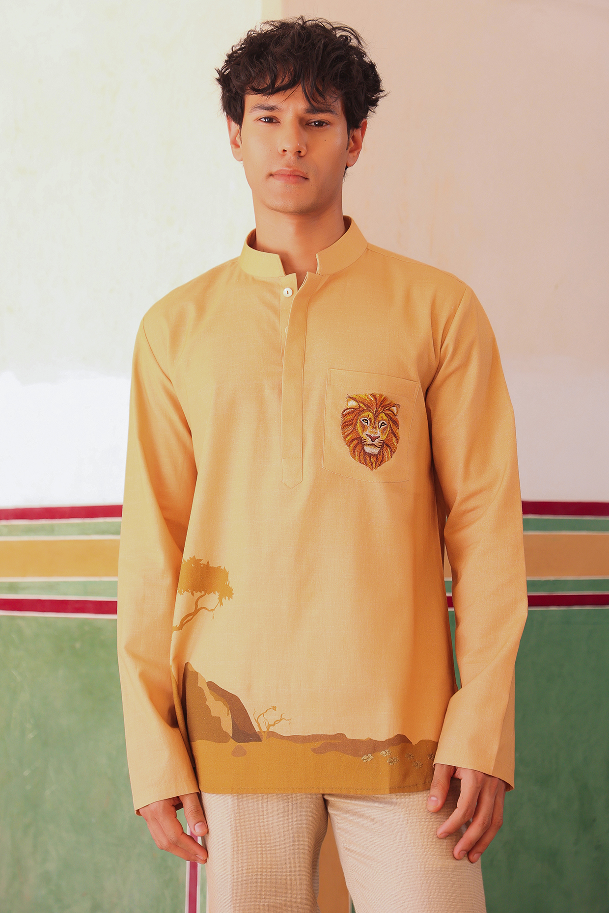 Mustard Linen & Tencel Embroidered Short Kurta  by Raw & Rustic by Niti Bothra Men