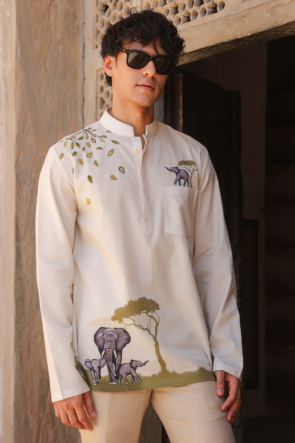 Ivory Linen & Tencel Embroidered Short Kurta  by Raw & Rustic by Niti Bothra Men