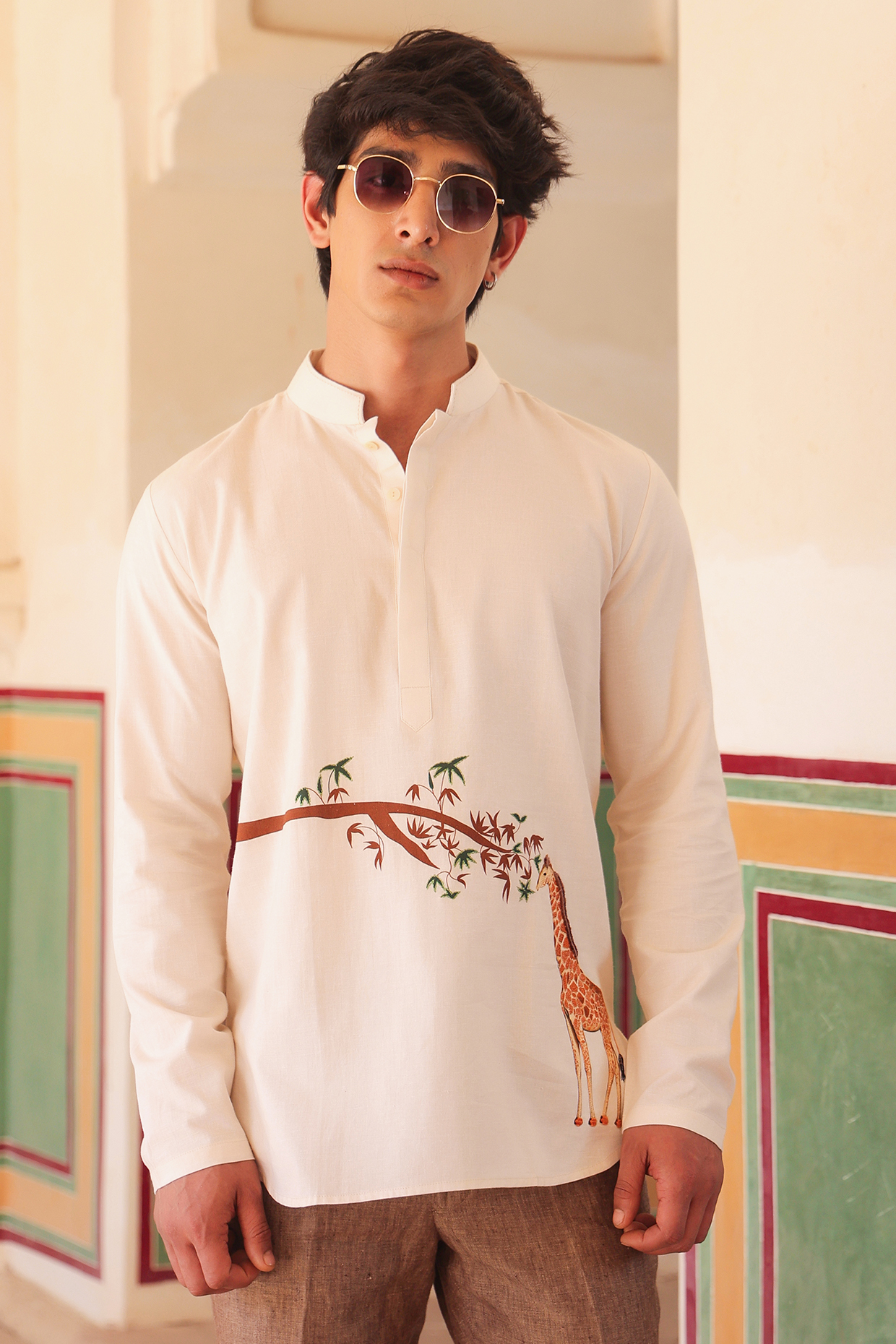 Yellow Linen & Tencel Embroidered Short Kurta  by Raw & Rustic by Niti Bothra Men