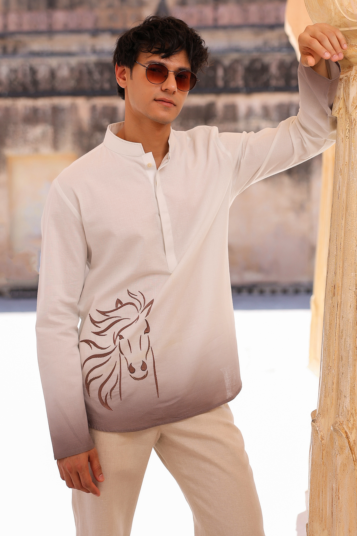 White Linen & Tencel Embroidered Short Kurta  by Raw & Rustic by Niti Bothra Men