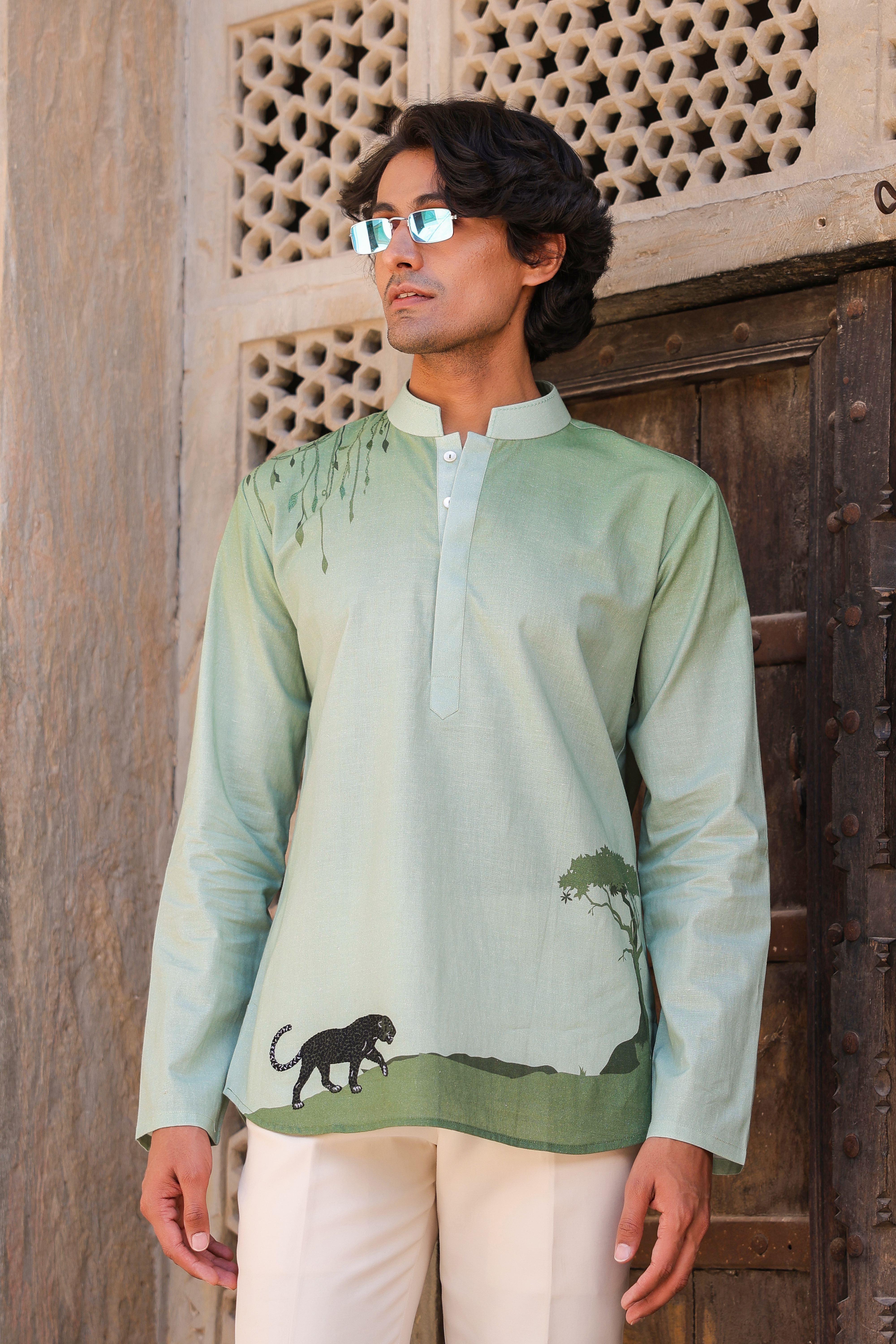 Green Linen & Tencel Embroidered Short Kurta  by Raw & Rustic by Niti Bothra Men