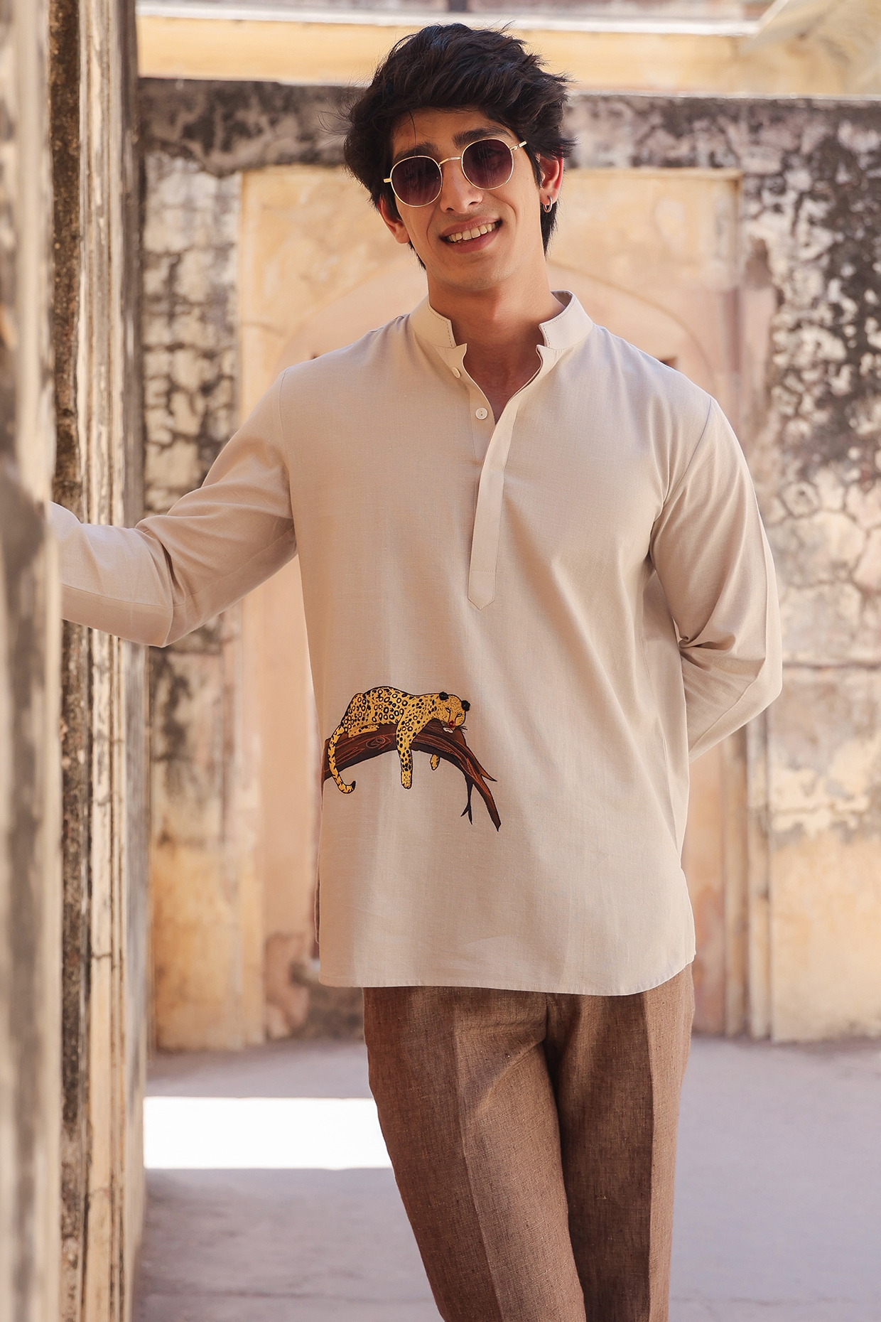 Ivory Linen & Tencel Embroidered Short Kurta  by Raw & Rustic by Niti Bothra Men