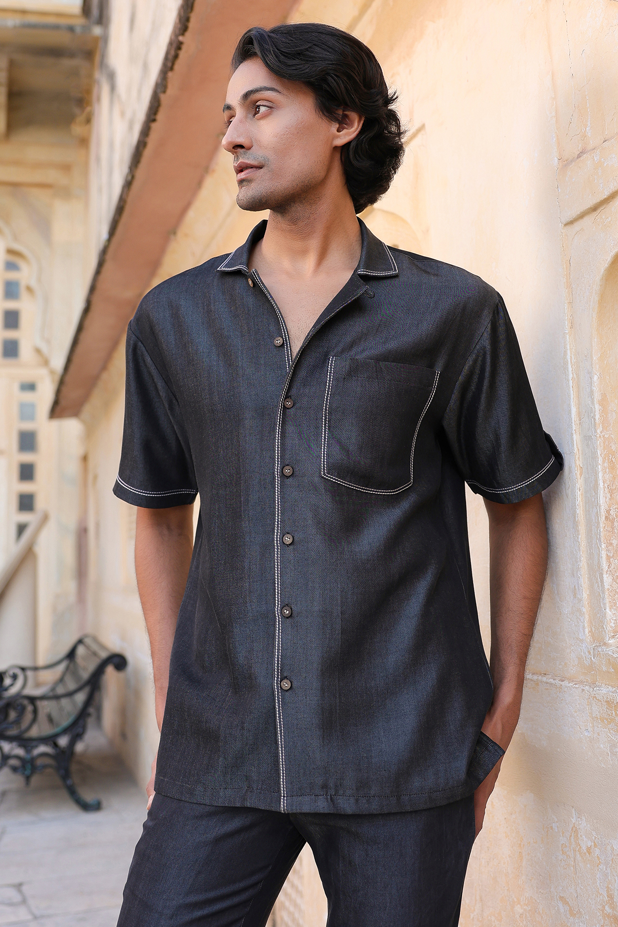 Black Sustainable Tencel Denim Thread Work Shirt by Raw & Rustic by Niti Bothra Men