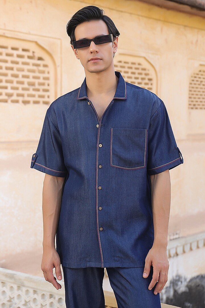 Dark Blue Sustainable Tencel Denim Thread Work Summer party Shirt by Raw & Rustic by Niti Bothra Men at Pernia's Pop Up Shop