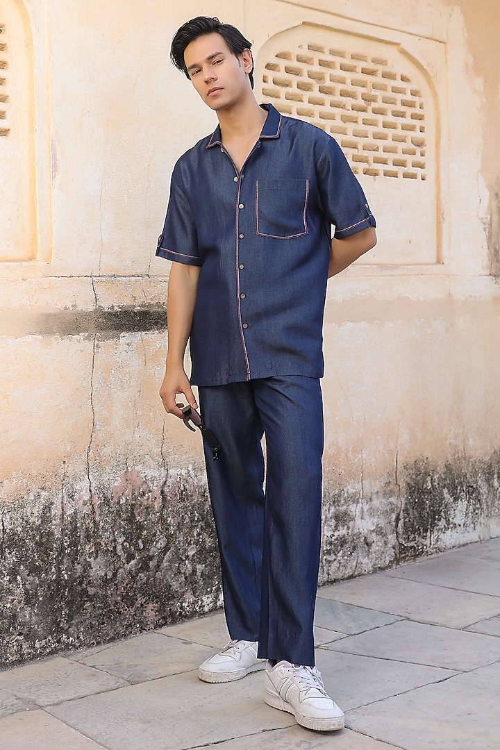 Dark Blue Sustainable Tencel Denim Thread Work Summer Shirt by Raw & Rustic by Niti Bothra Men at Pernia's Pop Up Shop