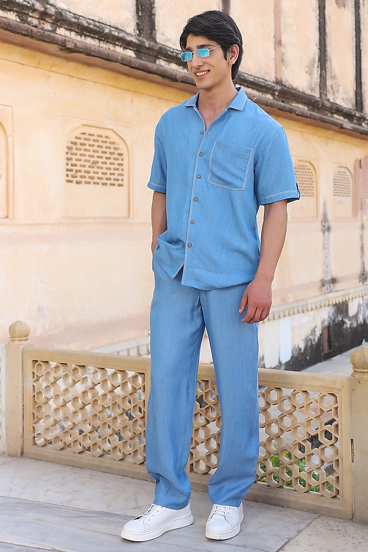 Light Blue Sustainable Tencel Denim Thread Work Summer party Shirt by Raw & Rustic by Niti Bothra Men at Pernia's Pop Up Shop