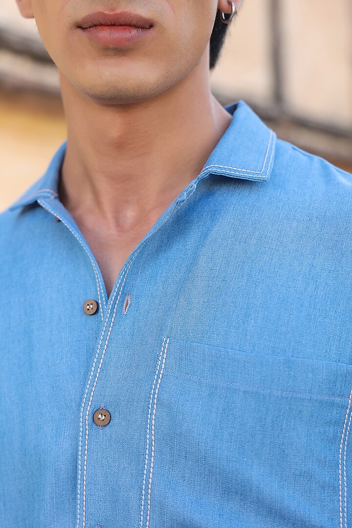 Light Blue Sustainable Tencel Denim Thread Work Summer Shirt by Raw & Rustic by Niti Bothra Men at Pernia's Pop Up Shop