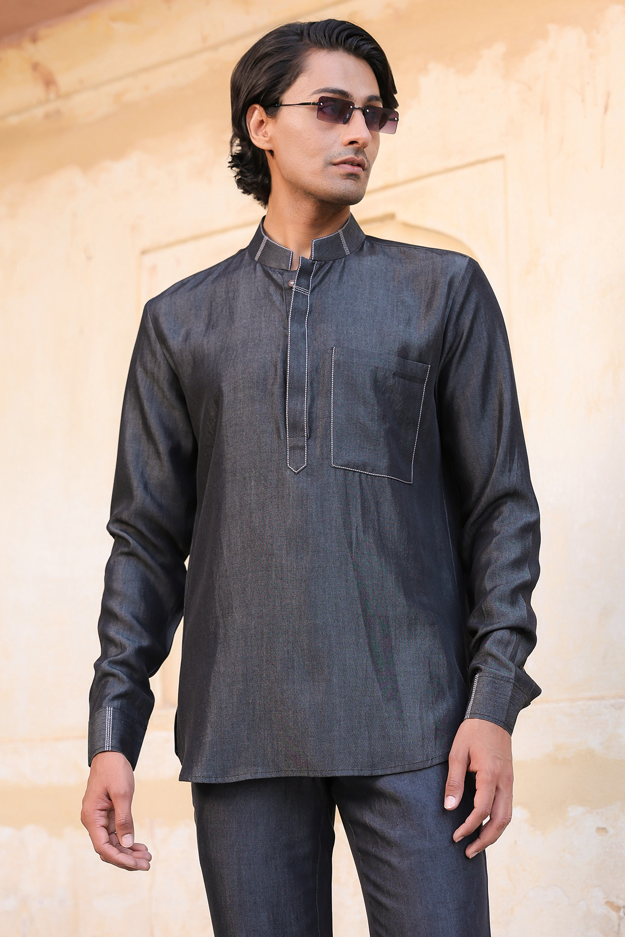 Black Sustainable Tencel Denim Thread Work Shirt by Raw & Rustic by Niti Bothra Men