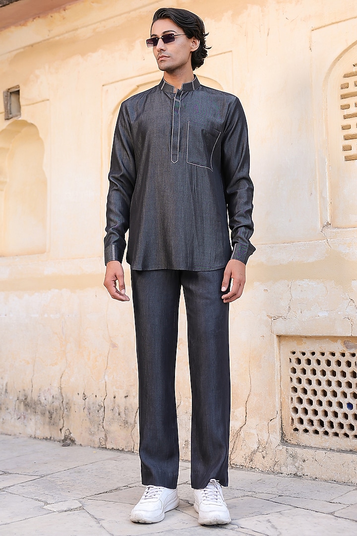 Black Sustainable Tencel Denim Thread Work Summer Shirt by Raw & Rustic by Niti Bothra Men at Pernia's Pop Up Shop