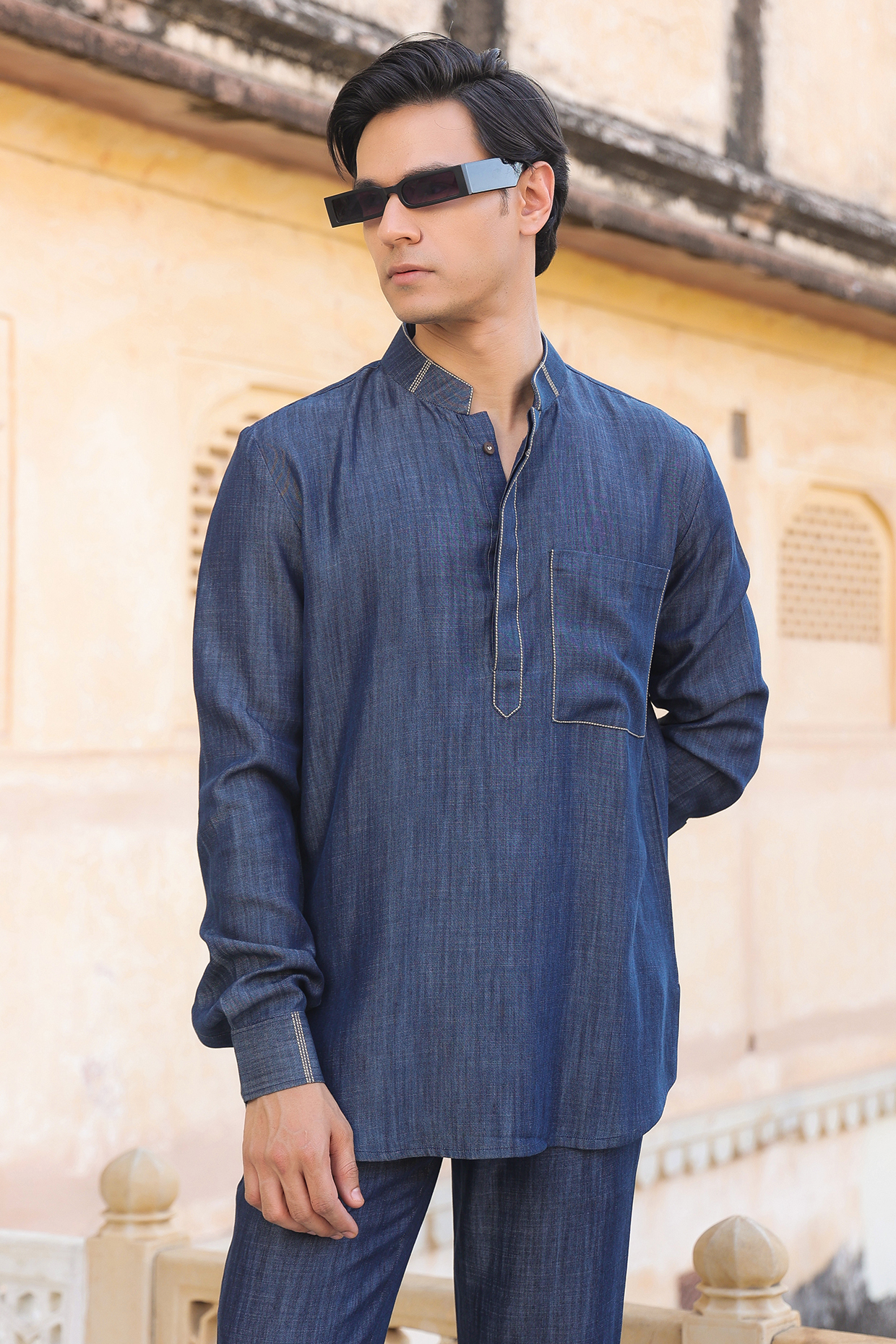Dark Blue Sustainable Tencel Denim Thread Work Shirt by Raw & Rustic by Niti Bothra Men