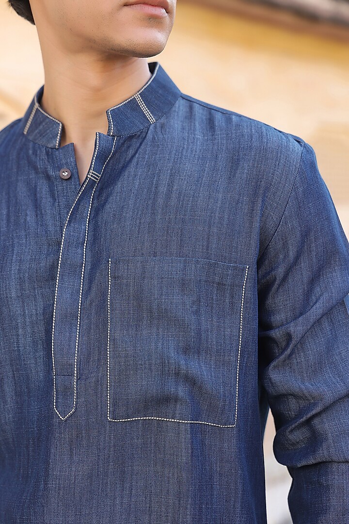 Dark Blue Sustainable Tencel Denim Thread Work Summer Shirt by Raw & Rustic by Niti Bothra Men at Pernia's Pop Up Shop
