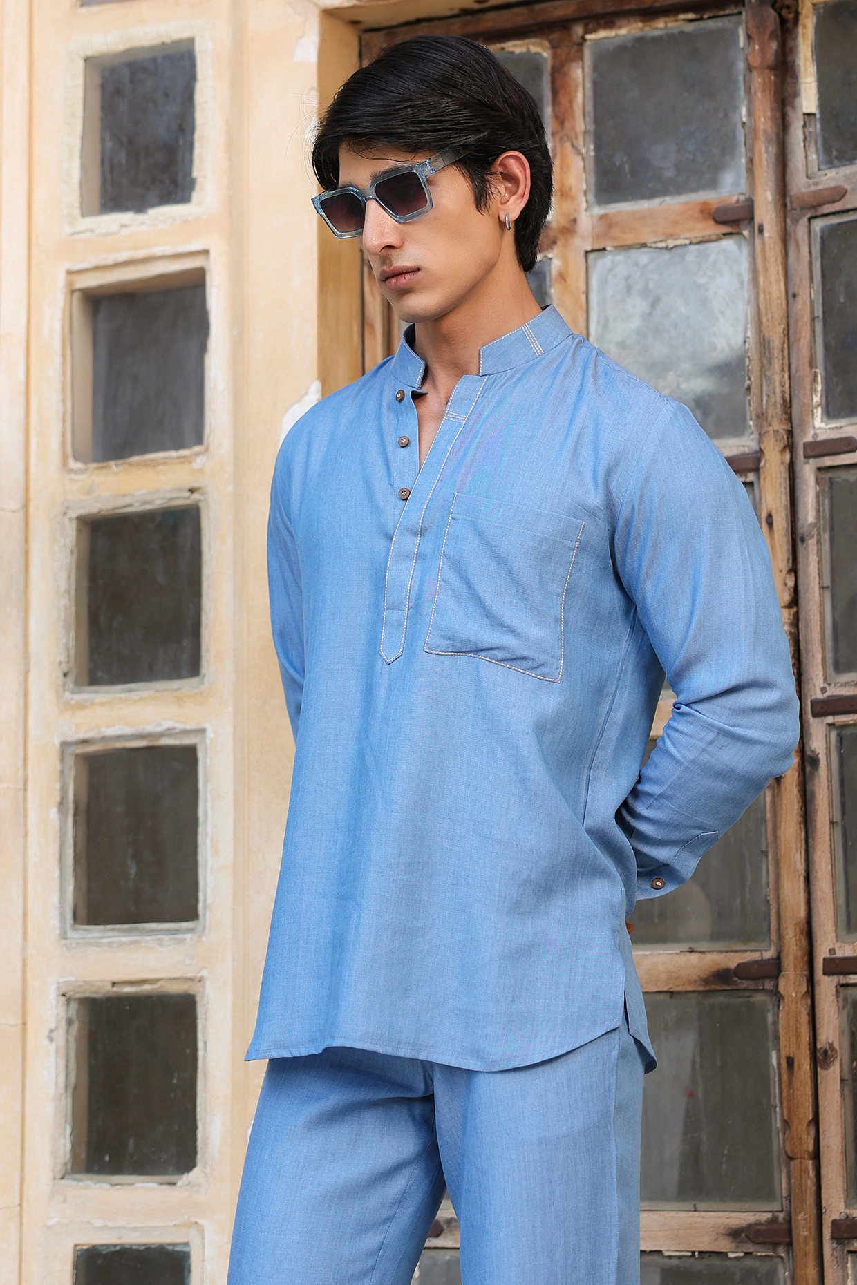 Light Blue Sustainable Tencel Denim Thread Work Shirt by Raw & Rustic by Niti Bothra Men
