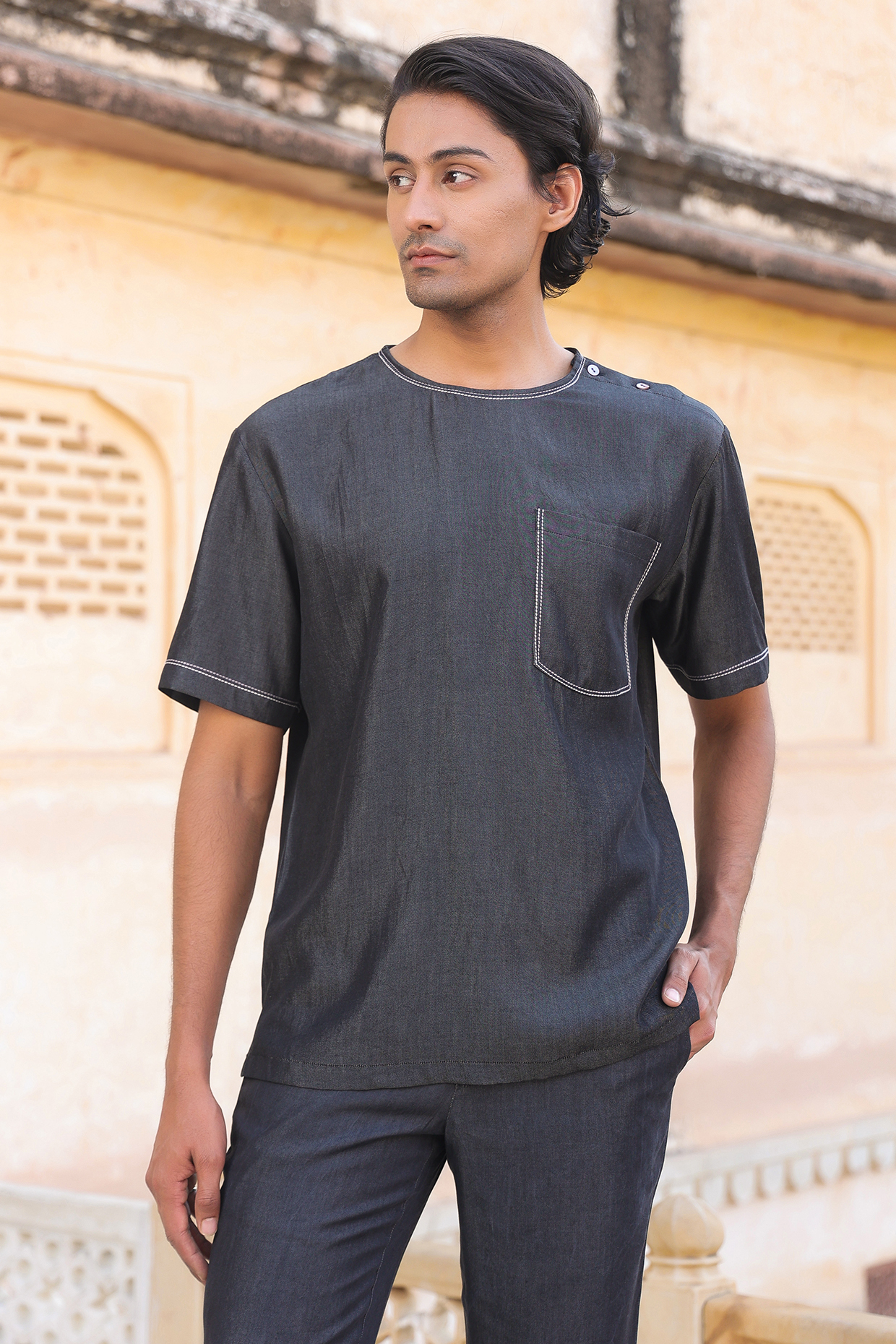 Black Sustainable Tencel Denim Thread Work T-Shirt by Raw & Rustic by Niti Bothra Men