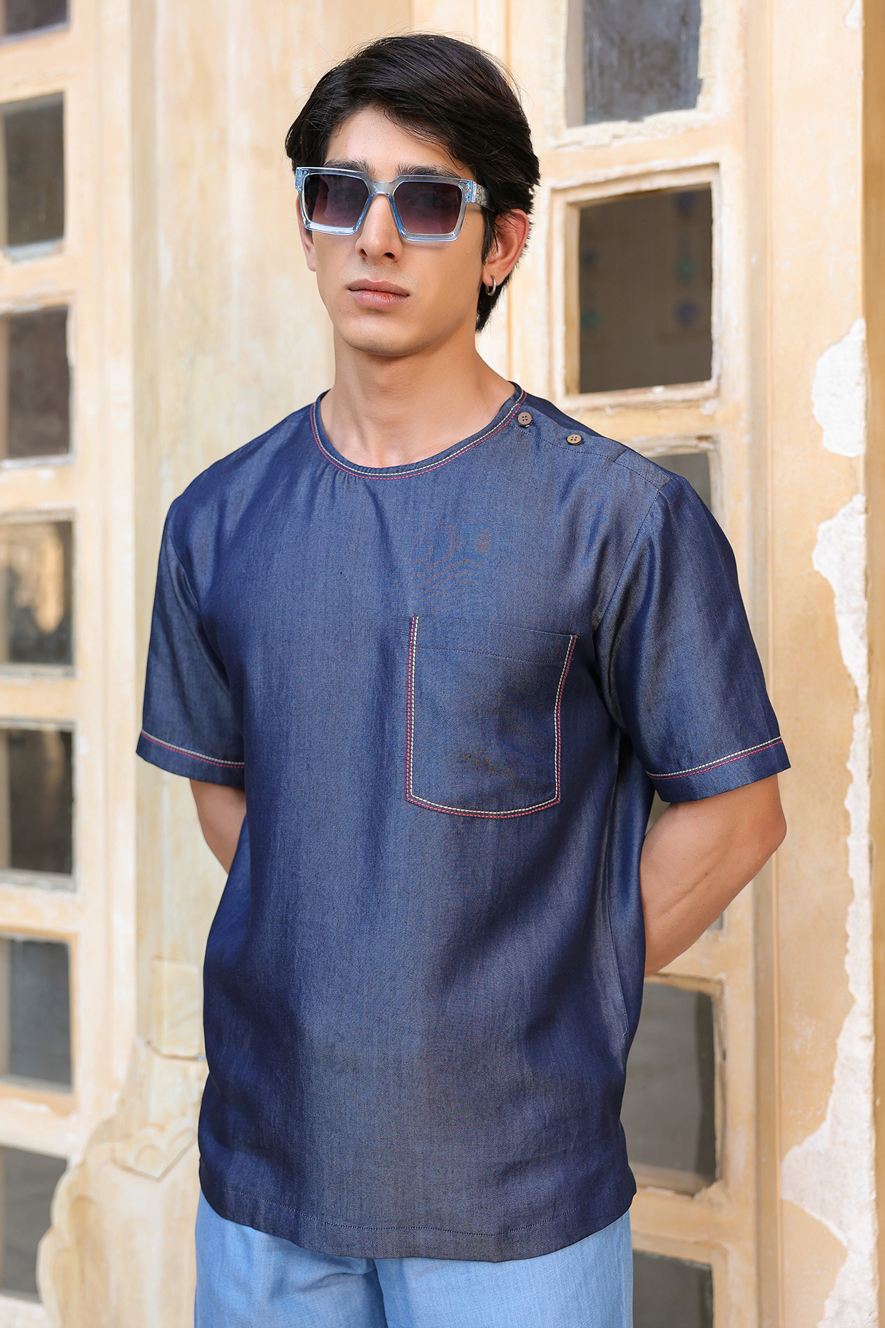 Dark Blue Sustainable Tencel Denim Thread Work T-Shirt by Raw & Rustic by Niti Bothra Men