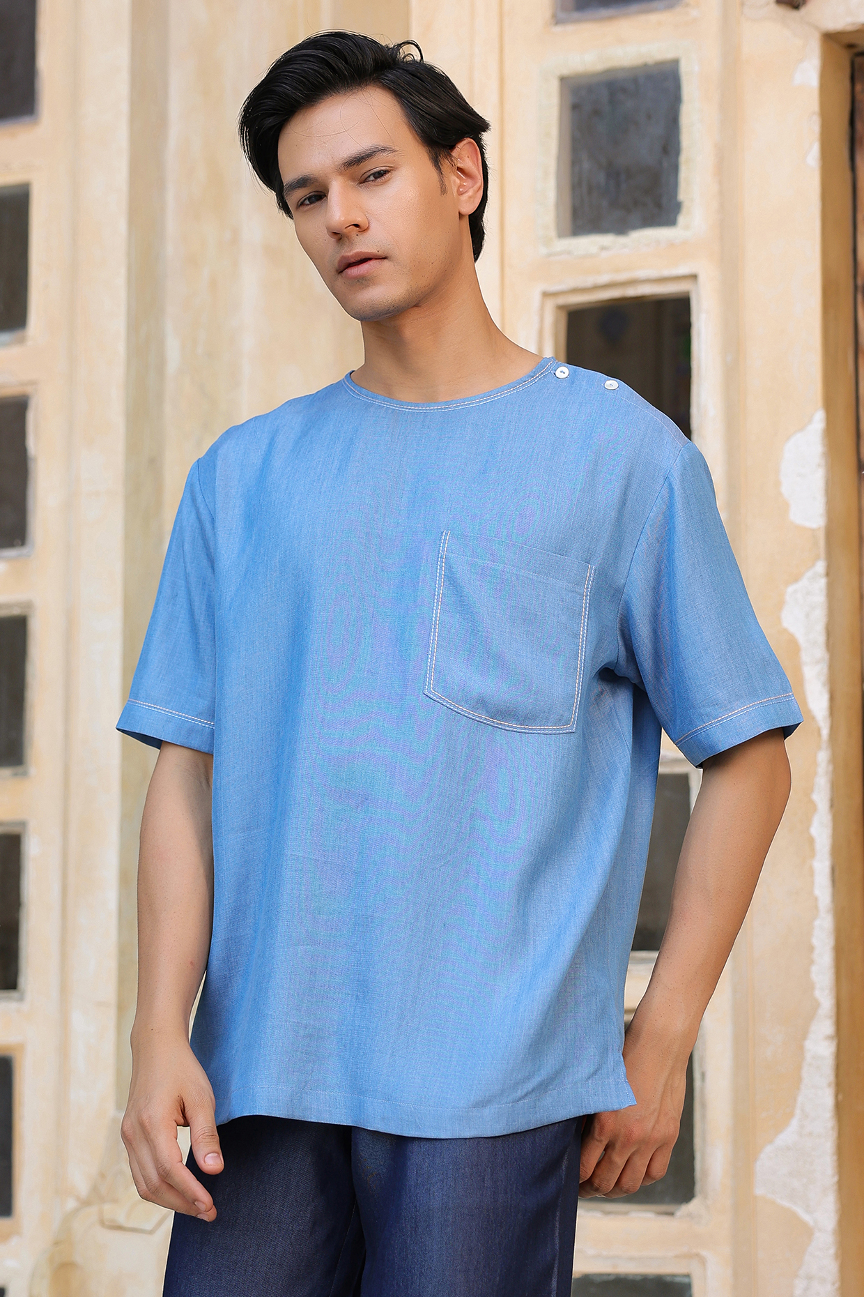 Light Blue Sustainable Tencel Denim Thread Work T-Shirt by Raw & Rustic by Niti Bothra Men