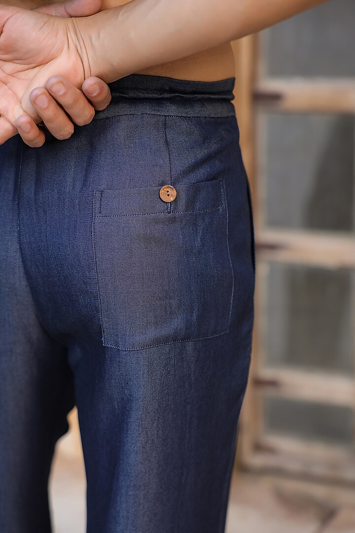 Dark Blue Sustainable Tencel Denim Handcrafted Pyjama Pants by Raw & Rustic by Niti Bothra Men at Pernia's Pop Up Shop