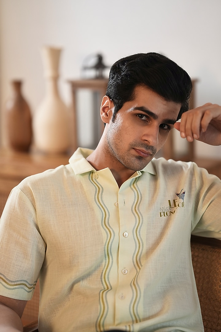 Green Linen Tencel Summer Shirt by Raw & Rustic by Niti Bothra Men at Pernia's Pop Up Shop