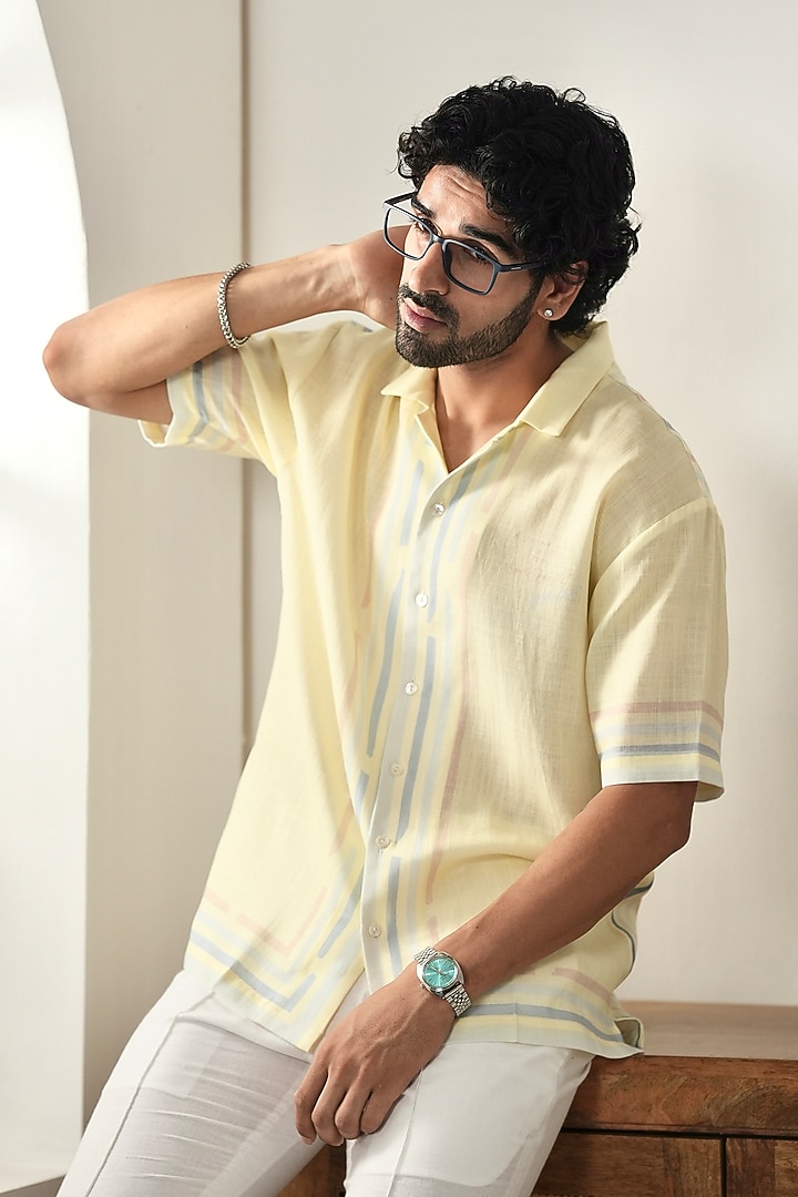 Yellow Linen Tencel Summer Shirt by Raw & Rustic by Niti Bothra Men at Pernia's Pop Up Shop