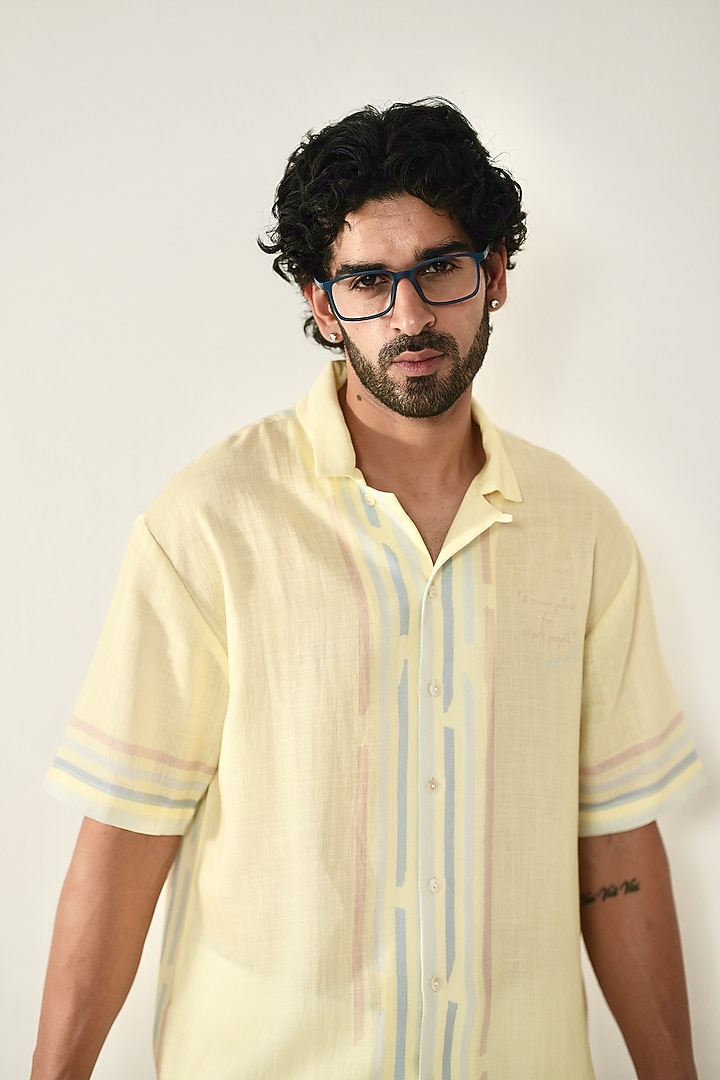 Yellow Linen Tencel Summer Shirt by Raw & Rustic by Niti Bothra Men at Pernia's Pop Up Shop