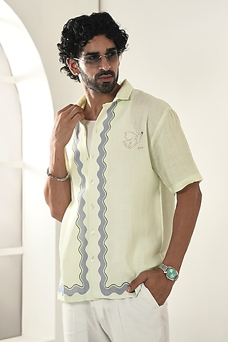Green Linen Tencel Shirt by Raw & Rustic by Niti Bothra Men