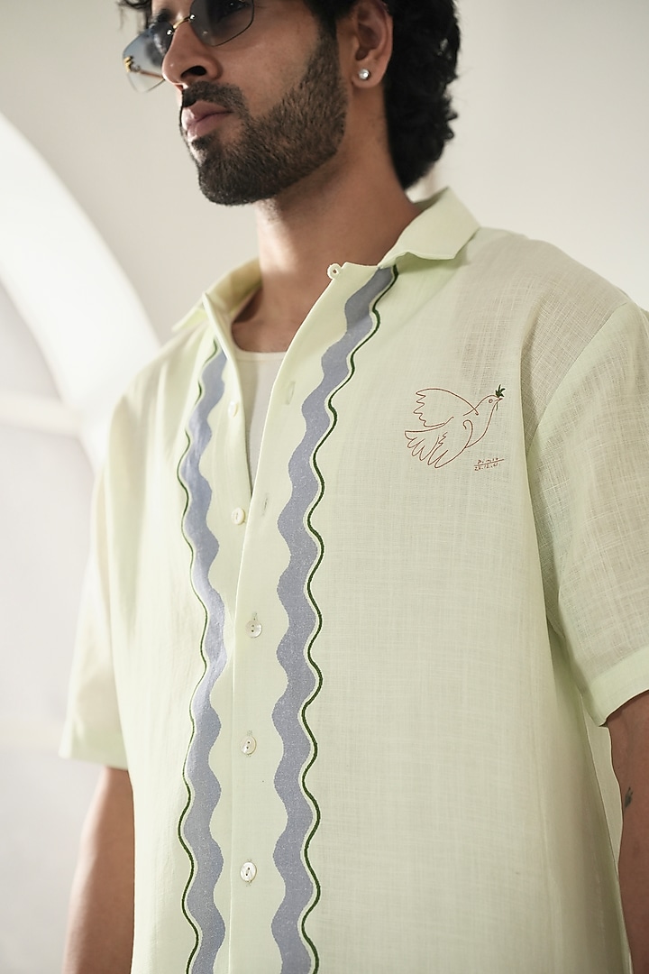 Green Linen Tencel Summer Shirt by Raw & Rustic by Niti Bothra Men at Pernia's Pop Up Shop