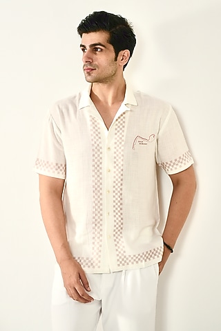 White Linen Tencel Printed Shirt by Raw & Rustic by Niti Bothra Men