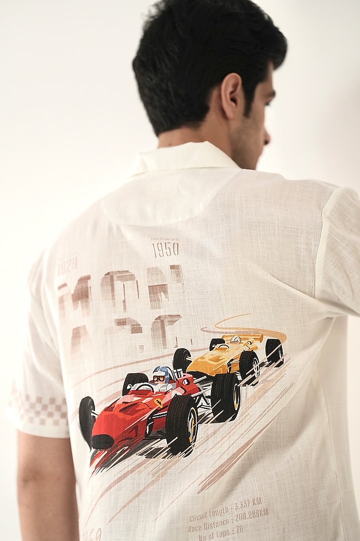 White Linen Tencel Printed Summer Shirt by Raw & Rustic by Niti Bothra Men at Pernia's Pop Up Shop
