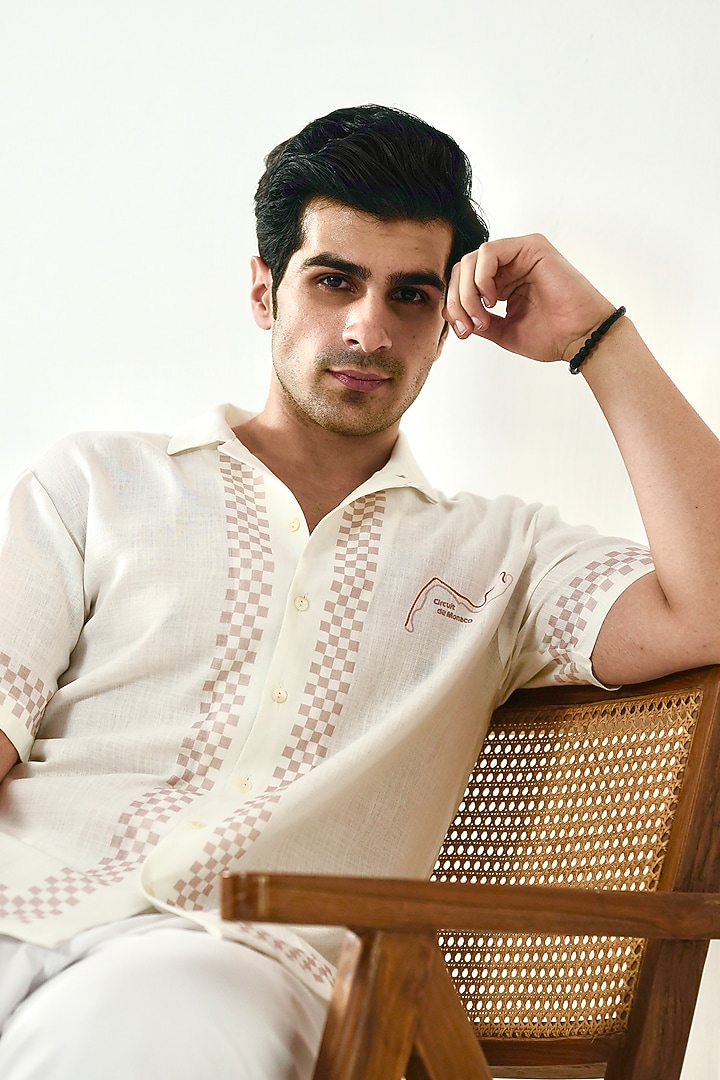White Linen Tencel Printed Summer Shirt by Raw & Rustic by Niti Bothra Men at Pernia's Pop Up Shop