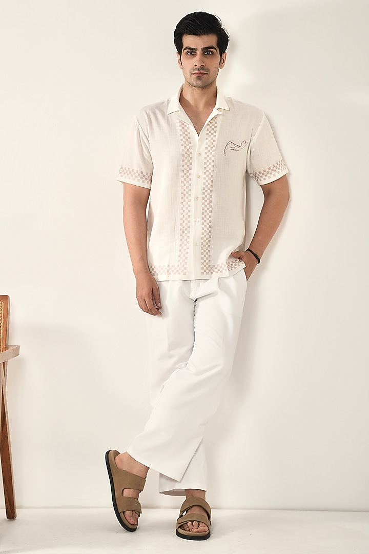 White Linen Tencel Printed Summer Shirt by Raw & Rustic by Niti Bothra Men at Pernia's Pop Up Shop