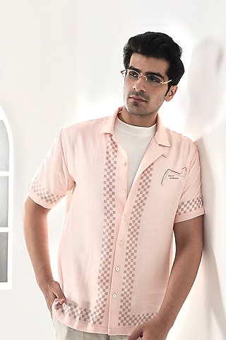 Peach Linen Tencel Printed Shirt by Raw & Rustic by Niti Bothra Men