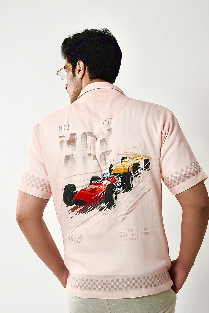 Peach Linen Tencel Printed Summer Shirt by Raw & Rustic by Niti Bothra Men at Pernia's Pop Up Shop