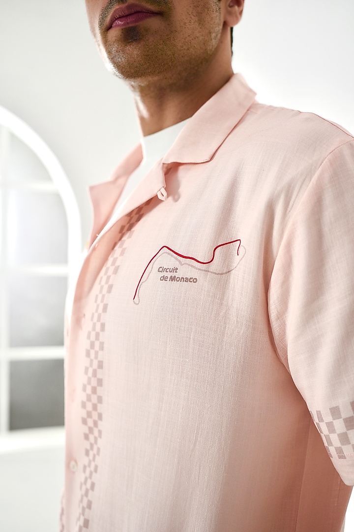 Peach Linen Tencel Printed Summer Shirt by Raw & Rustic by Niti Bothra Men at Pernia's Pop Up Shop